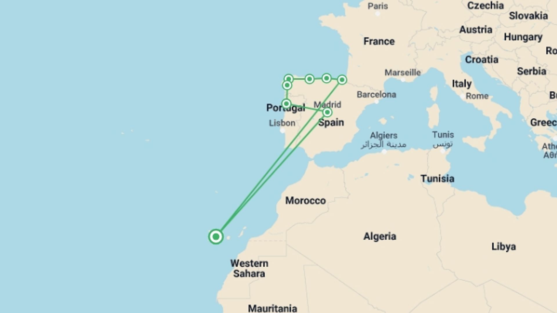 A map showing the tour itinerary for the trip: 8 Days North Of Spain & Portugal From Madrid (c780), starting in San Sebastián de La Gomera, Spain and ending in San Sebastián de La Gomera, Spain going through 7 other destinations.