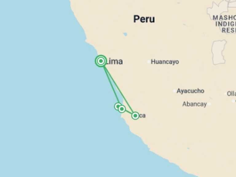 Map of Lima Adventure Tour with 2 destination visits for the trip: Ballestas Islands & Sand-Boarding Adventure 2D/1N