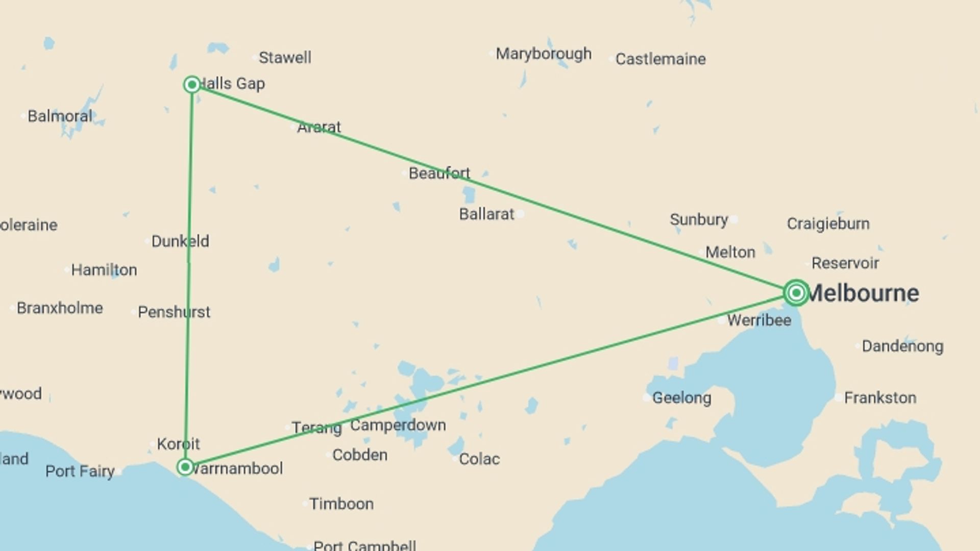 A map showing the tour itinerary for the trip: Best of the Great Ocean Road & Grampians - 3 days, starting in Melbourne, Australia and ending in Melbourne, Australia going through 2 other destinations.
