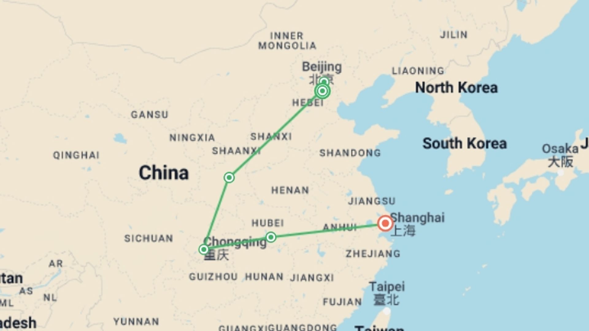 A map showing the tour itinerary for the trip: China through the Yangtze Small Group Tour: 11 Days, starting in Beijing, China and ending in Shanghai, China going through 3 other destinations.