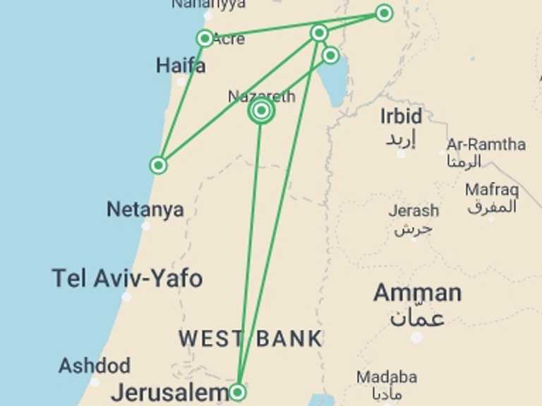 Map of a Spiritual or religious Tour with 5 destination visits for the trip: Caesarea, Galilee And Golan Tour, 4 Days From Jerusalem