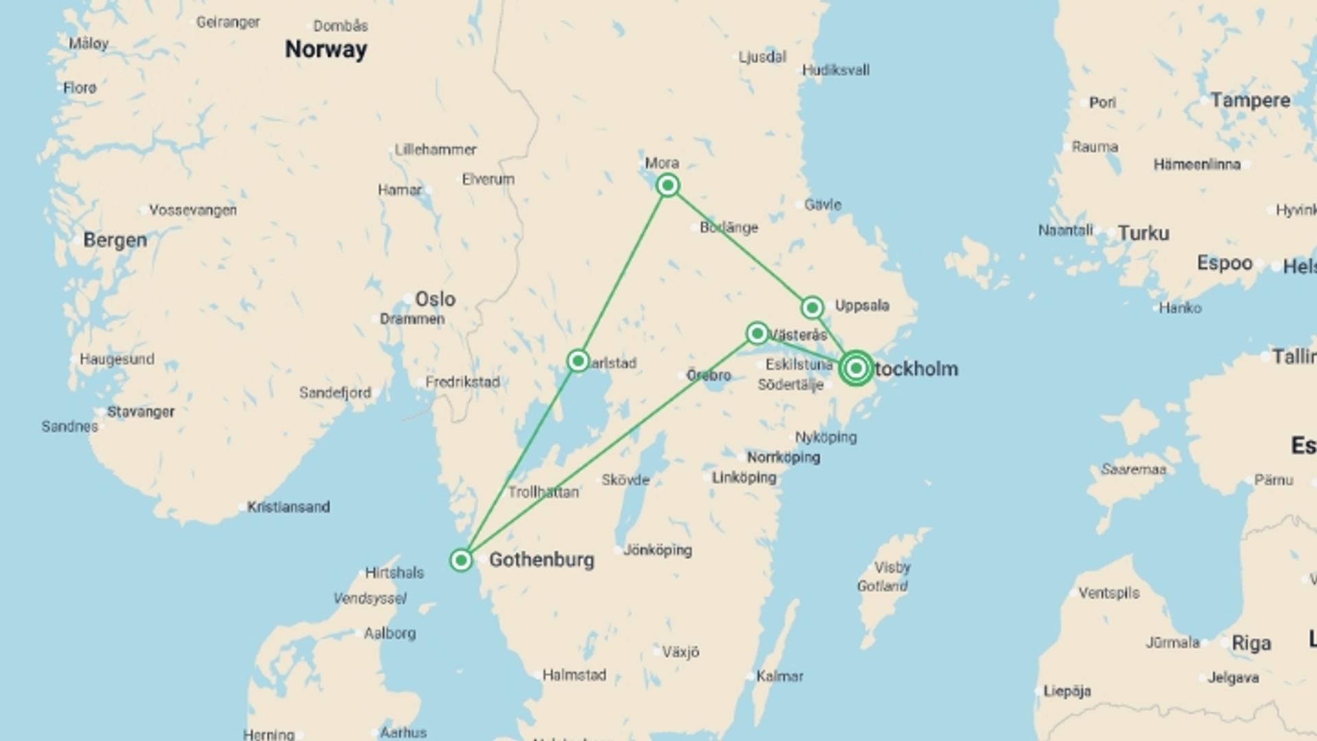 A map showing the tour itinerary for the trip: Stockholm to Gothenburg Self Drive - 8 days, starting in Stockholm, Sweden and ending in Stockholm, Sweden going through 4 other destinations.
