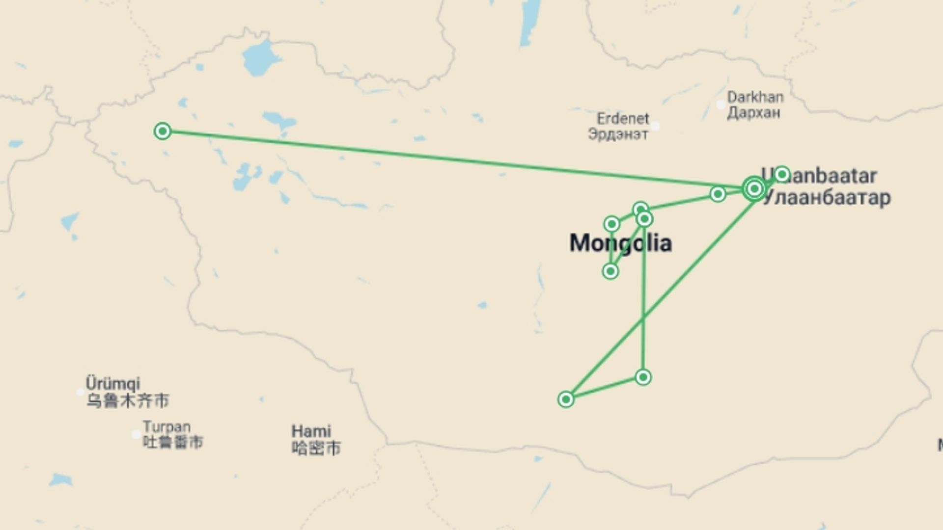 A map showing the tour itinerary for the trip: Discover Mongolia - Eagle Festival, starting in Ulaanbaatar, Mongolia and ending in Ulaanbaatar, Mongolia going through 9 other destinations.
