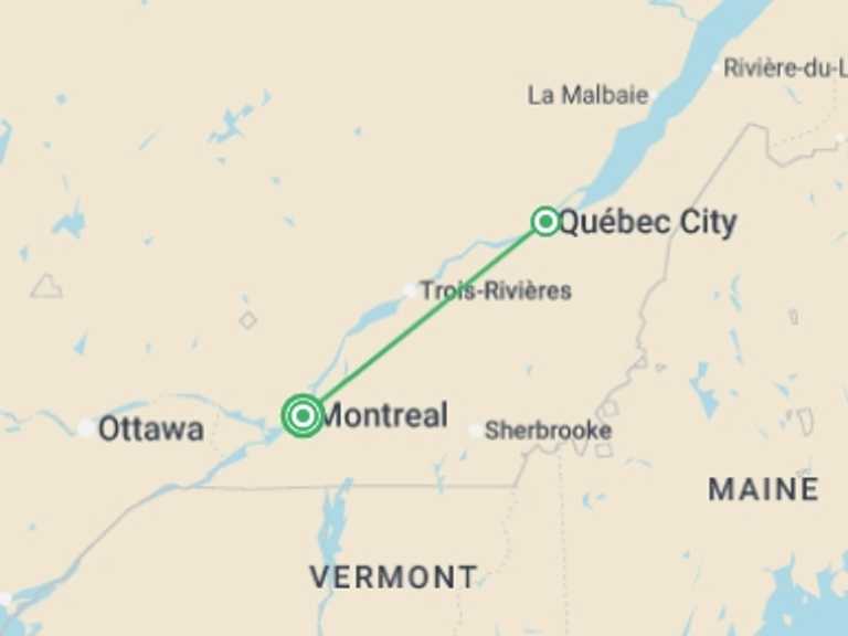 Map of Canada Tour with 2 destination visits for the trip: Christmas Markets of Montreal and Quebec City 