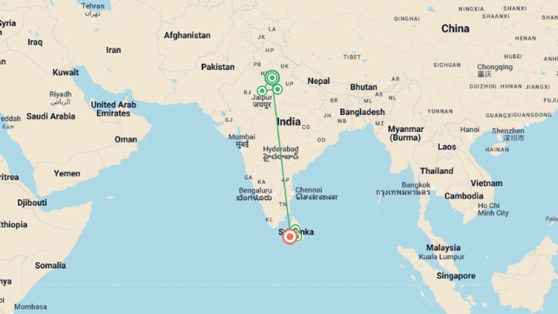 A map showing the tour itinerary for the trip: Best of India and Sri Lanka, starting in New Delhi, India and ending in Colombo, Sri Lanka going through 6 other destinations.