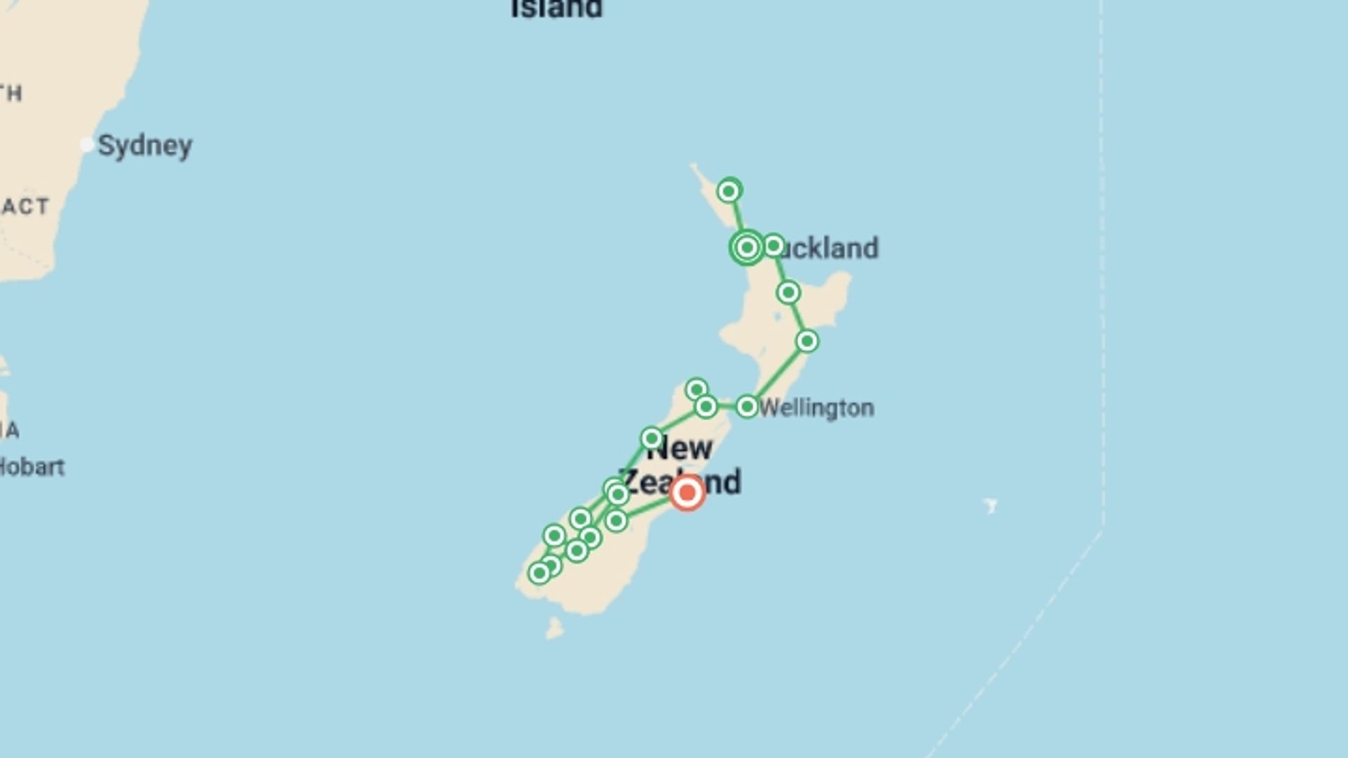 A map showing the tour itinerary for the trip: New Zealand Expedition - 23 days, starting in Auckland, New Zealand and ending in Christchurch, New Zealand going through 13 other destinations.
