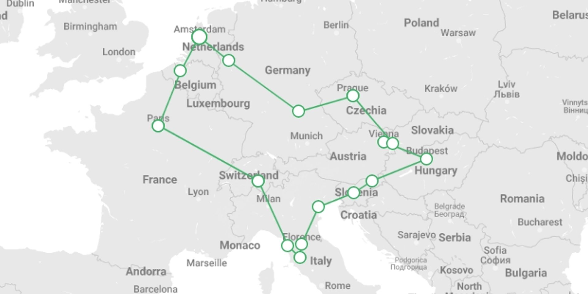 A map showing the tour itinerary for the trip: Europe Jewel Christmas & New Year, starting in Amsterdam, Holland and ending in Amsterdam, Holland going through 10 other destinations.