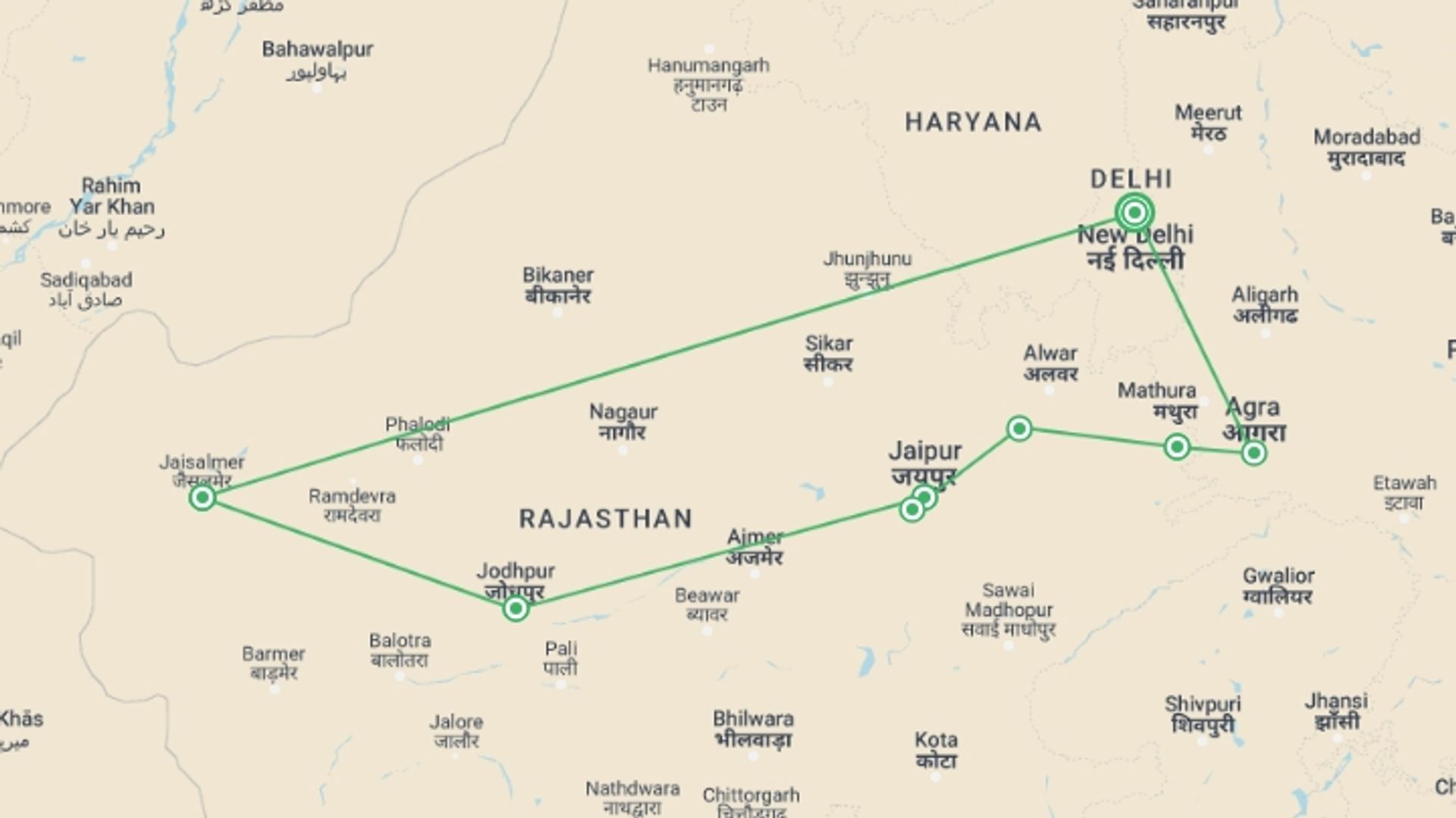 A map showing the tour itinerary for the trip: North India Adventure, starting in New Delhi, India and ending in New Delhi, India going through 7 other destinations.
