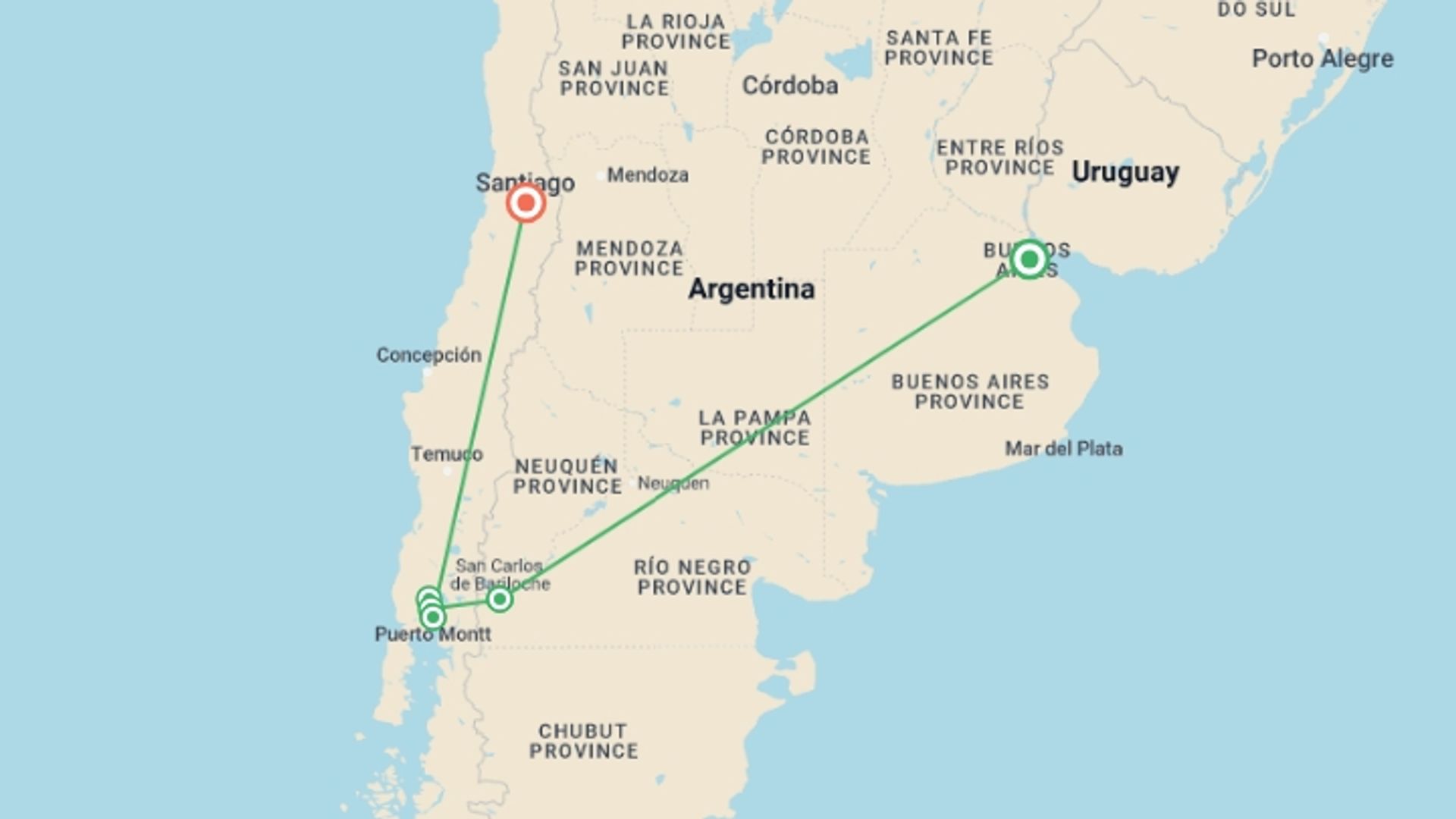 A map showing the tour itinerary for the trip: 12 Day Buenos Aires, Patagonia and Santiago de Chile, starting in Buenos Aires, Argentina and ending in Santiago, Chile going through 4 other destinations.