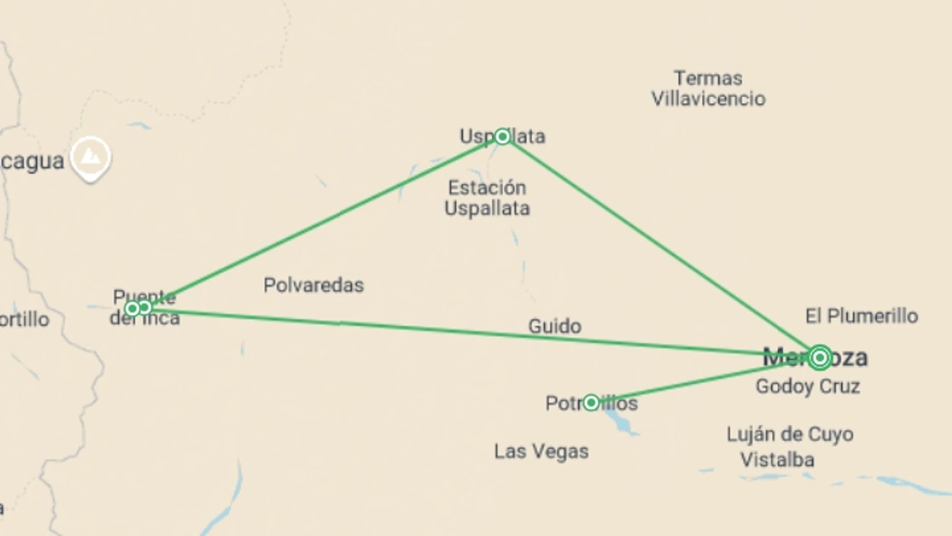 A map showing the tour itinerary for the trip: 5-Day Mendoza Adventure Tour, starting in Mendoza, Argentina and ending in Mendoza, Argentina going through 0 other destinations.