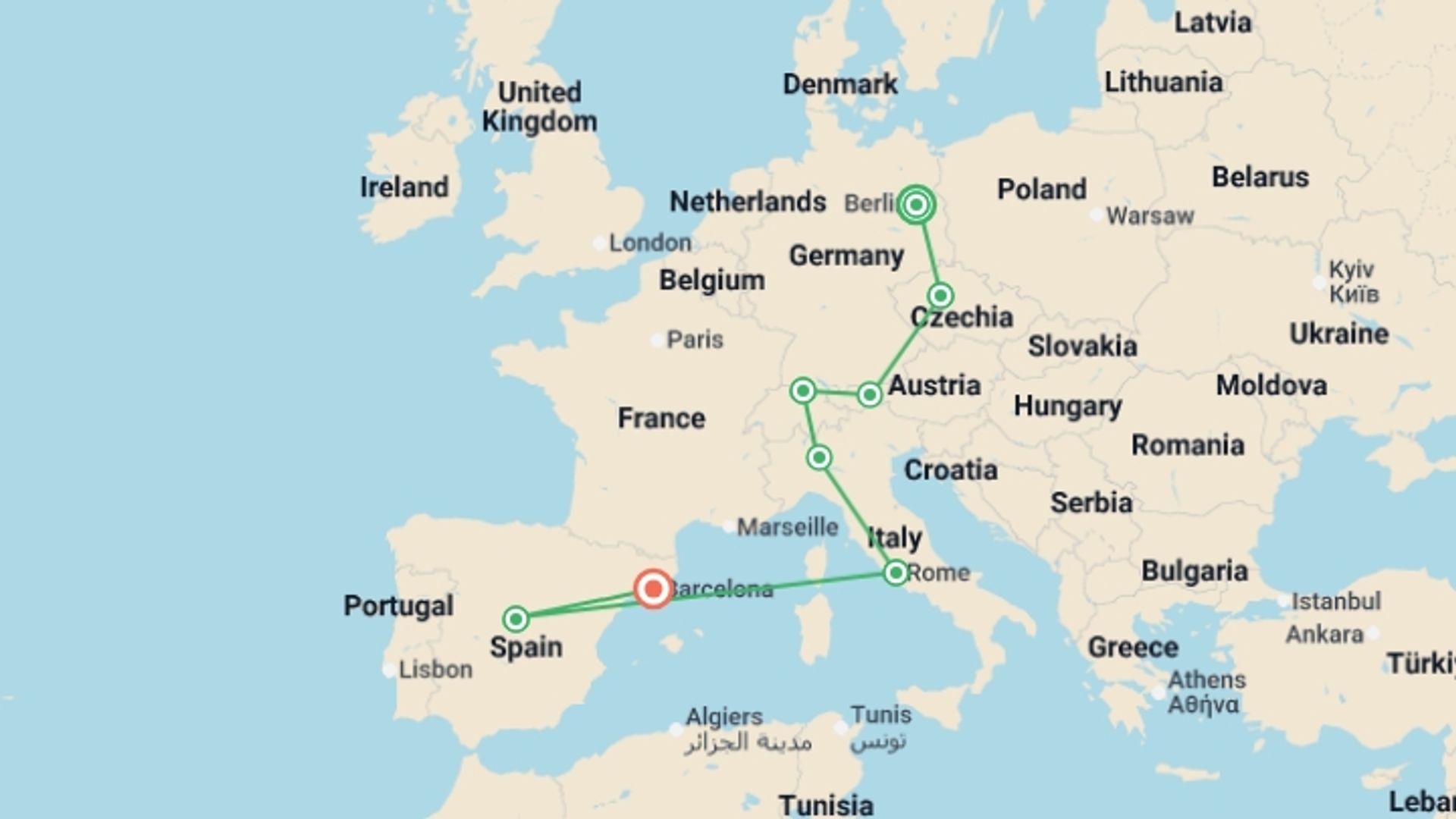 A map showing the tour itinerary for the trip: Europe: from North to South, starting in Berlin, Germany and ending in Barcelona, Spain going through 6 other destinations.
