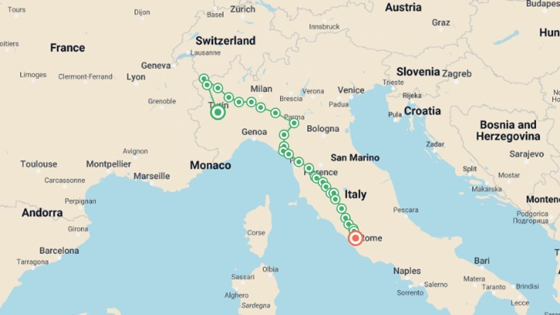 A map showing the tour itinerary for the trip: Cycle the Full Via Francigena - Aosta to Rome, starting in Turin, Italy and ending in Rome, Italy going through 24 other destinations.