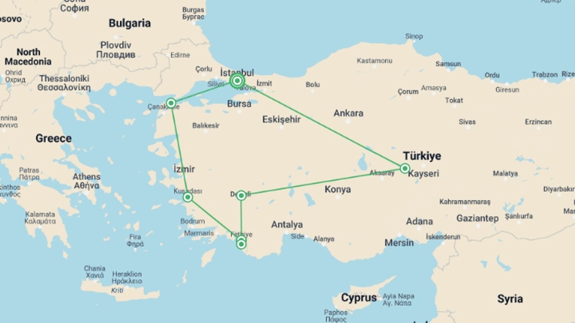 A map showing the tour itinerary for the trip: Amazing Turkey by Land (5 & 4 Star Hotels), starting in Istanbul, Turkey and ending in Istanbul, Turkey going through 6 other destinations.
