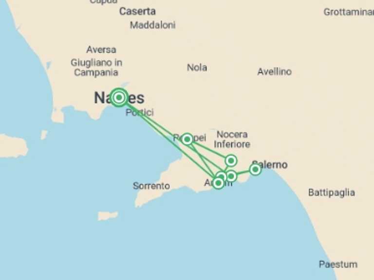 Map itinerary of Mediterranean Tour in March 2027 with 7 destination visits for the trip: Amalfi Coast Walking - Coastal Hotel