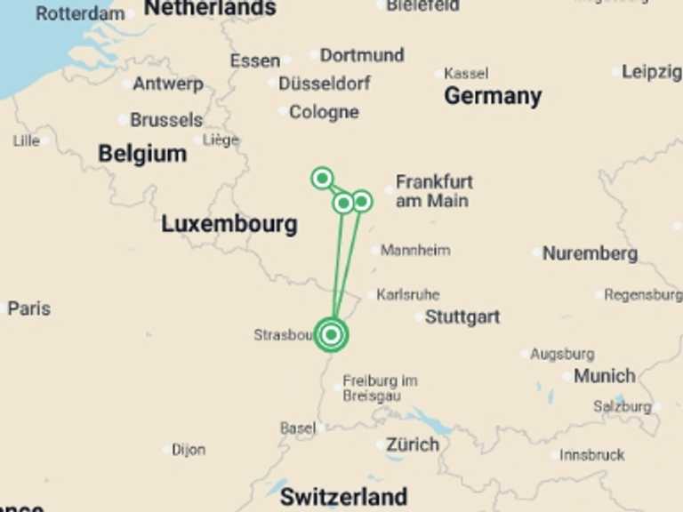 Map of France Tour with 3 destination visits for the trip: Christmas on the romantic Rhine (port-to-port cruise)