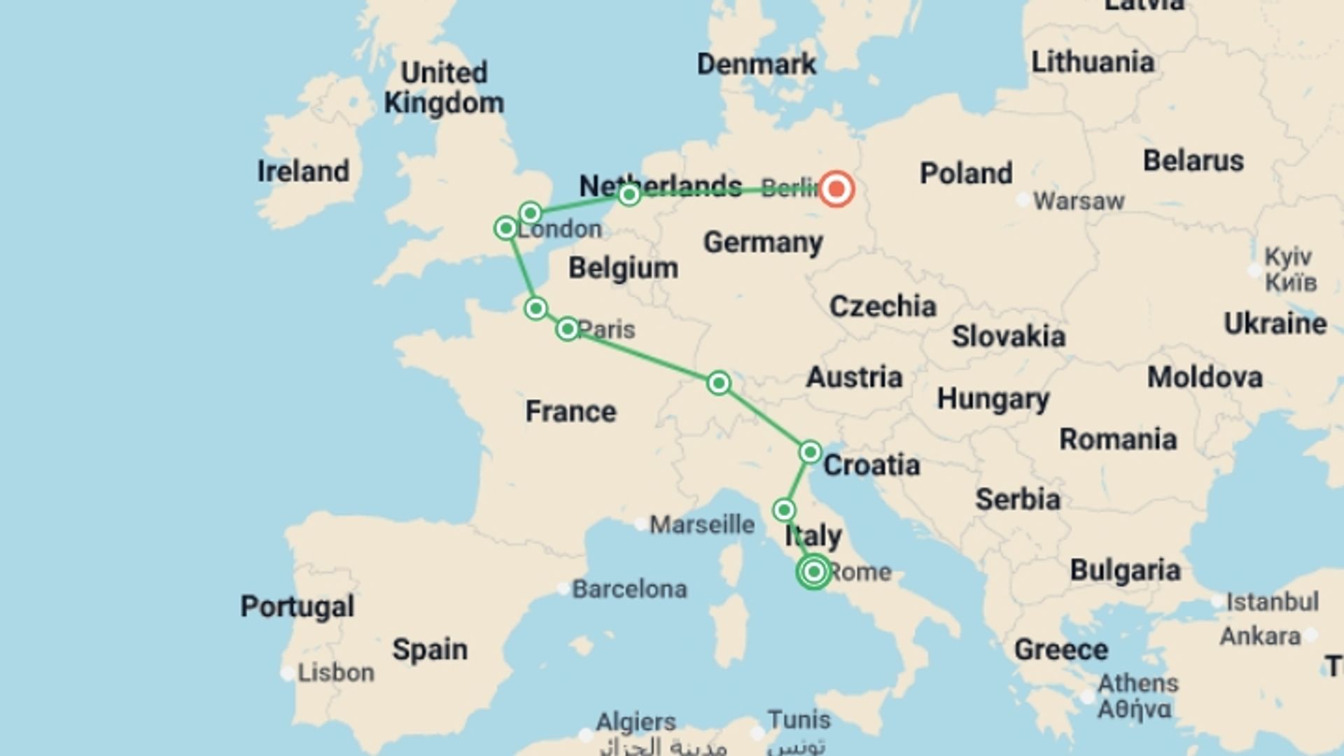 A map showing the tour itinerary for the trip: Around Europe, starting in Rome, Italy and ending in Berlin, Germany going through 8 other destinations.