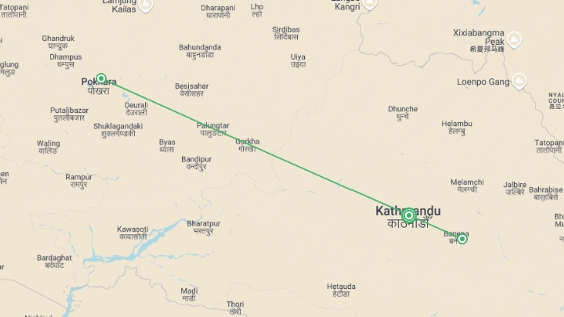 A map showing the tour itinerary for the trip: Nepal Wellness Luxury  Retreat, starting in Kathmandu, Nepal and ending in Kathmandu, Nepal going through 2 other destinations.