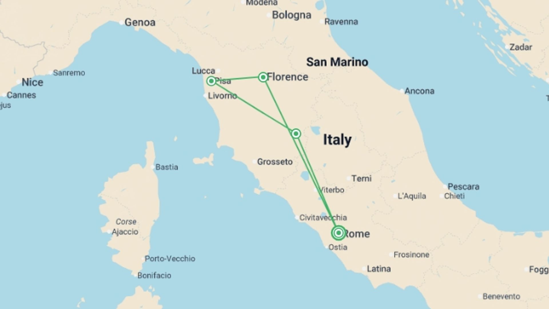 A map showing the tour itinerary for the trip: Central Italy Discovery - 6 days, starting in Rome, Italy and ending in Rome, Italy going through 3 other destinations.