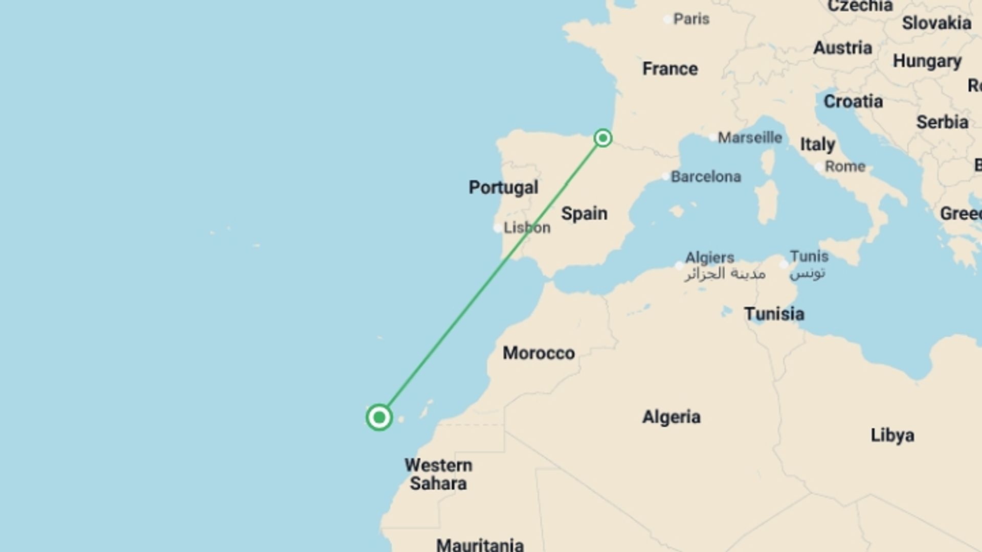 A map showing the tour itinerary for the trip: San Sebastian Surf Camp Experience 4D/3N, starting in San Sebastián de La Gomera, Spain and ending in San Sebastián de La Gomera, Spain going through 1 other destinations.