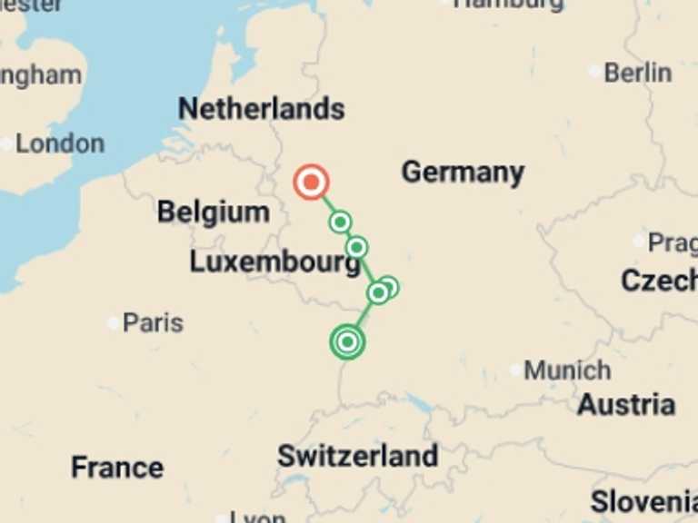 Map of Europe Tour with 5 destination visits for the trip: Christmas Markets along the Rhine (port-to-port package)
