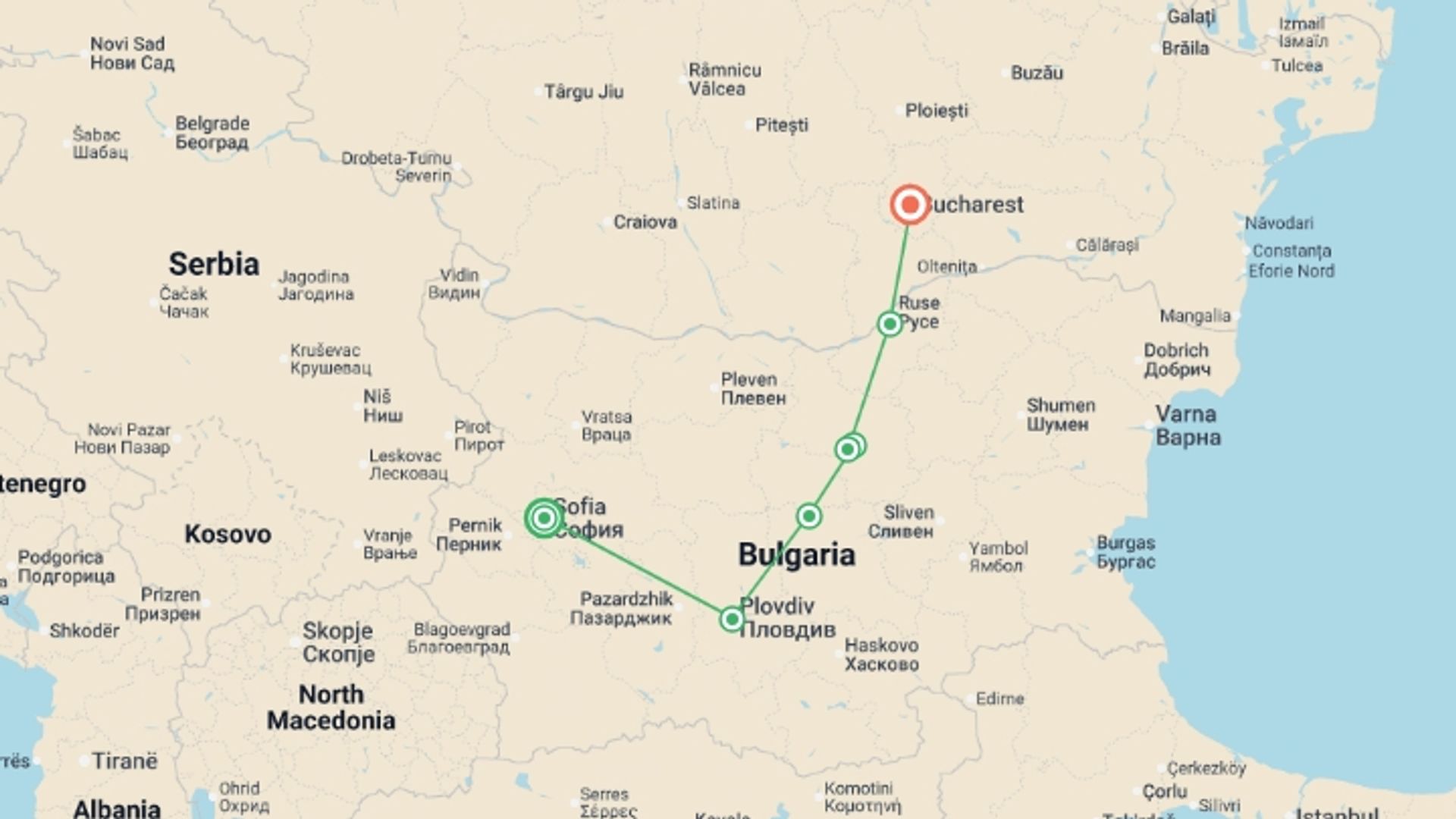 A map showing the tour itinerary for the trip: From Sofia to Bucharest, starting in Sofia, Bulgaria and ending in Bucharest, Romania going through 2 other destinations.