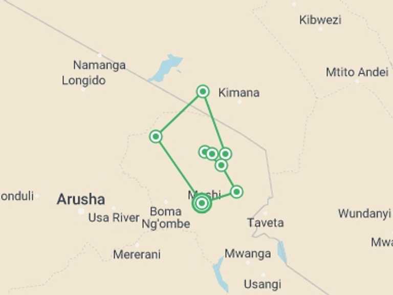 Map of Tanzania Tour with 8 destination visits for the trip: Mt Kilimanjaro Trek - Rongai Route