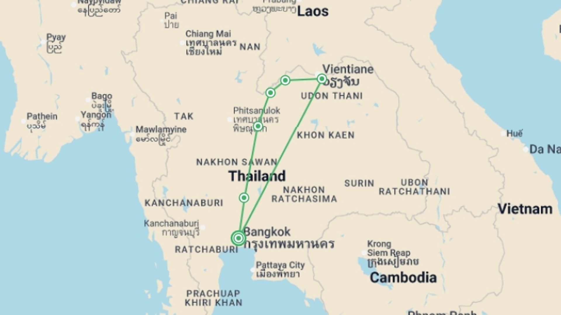 A map showing the tour itinerary for the trip: North Isaan And The Mekong, Private Tour, starting in Bangkok, Thailand and ending in Bangkok, Thailand going through 1 other destinations.