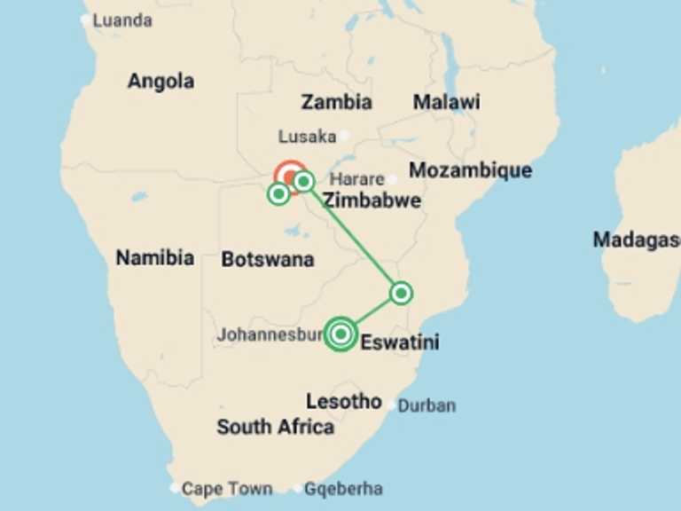 Map of Southern Africa Wildlife Tour with 5 destination visits for the trip: Premium Southern Africa
