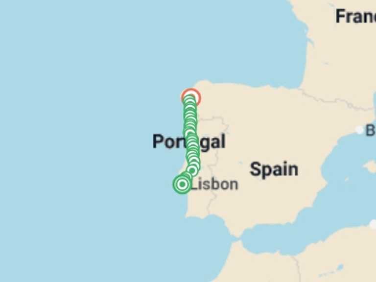 Map itinerary of Europe Tour in Fall with 25 destination visits for the trip: Full Portuguese Camino