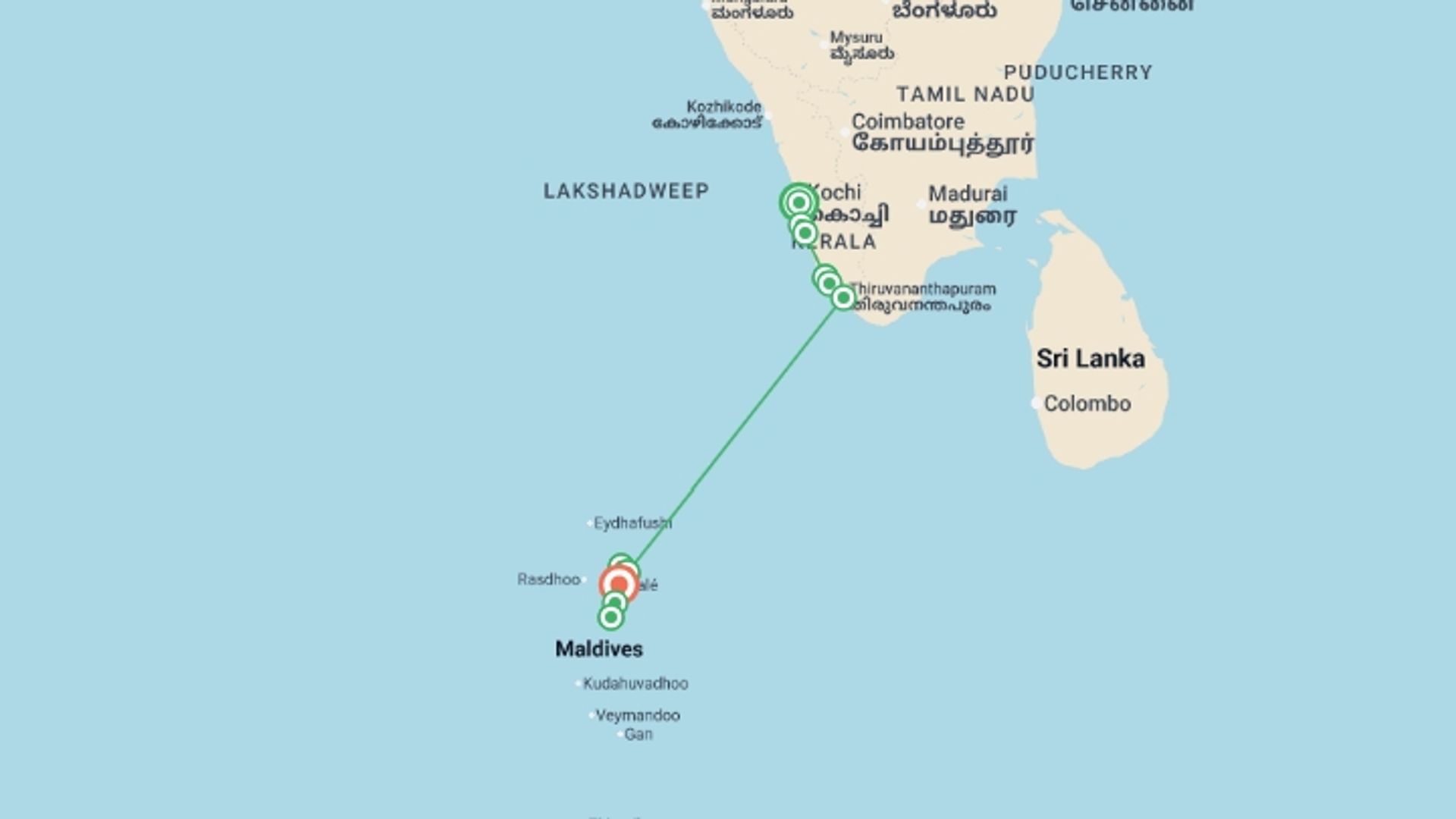 A map showing the tour itinerary for the trip: Kerala and Maldives Adventure, starting in Kochi, India and ending in Male, Maldives going through 8 other destinations.
