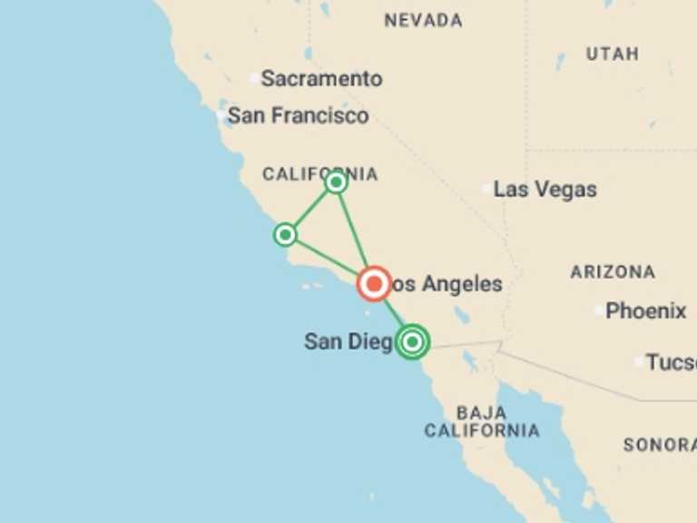 Map of a Cruise Tour with 4 destination visits for the trip: Sequoia & Kings Canyon National Parks featuring San Diego and California’s Central Coast
