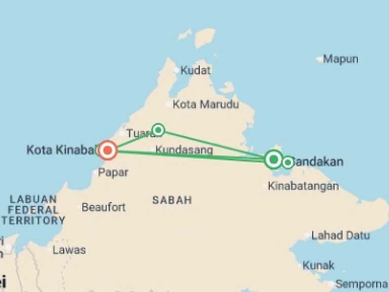 Map itinerary of Malaysia Tour in August 2026 with 5 destination visits for the trip: Borneo Family Holiday Comfort