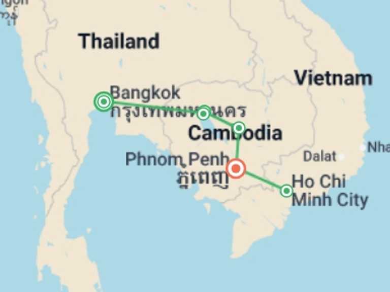 Map itinerary of Bangkok Tour in August 2027 with 6 destination visits for the trip: Cambodia Express