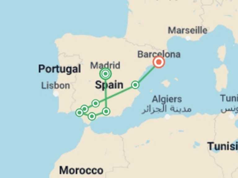Map of 15-Day Europe Tour with 8 destination visits for the trip: Best of Spain