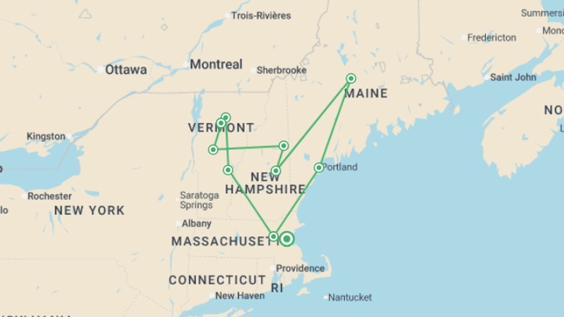 A map showing the tour itinerary for the trip: Colors of New England , starting in Boston, USA and ending in Boston, USA going through 7 other destinations.
