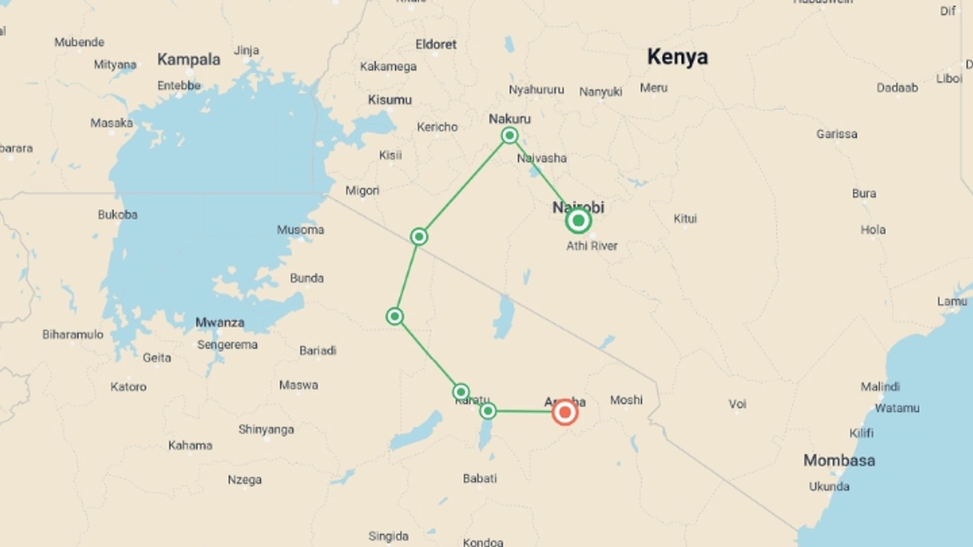 A map showing the tour itinerary for the trip: 8 Days Kenya and Tanzania Classic Safari, starting in Nairobi, Kenya and ending in Arusha, Tanzania going through 6 other destinations.