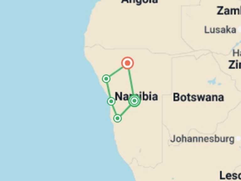 Map itinerary of Africa Tour in September 2026 with 5 destination visits for the trip: Northern Namibia Explorer