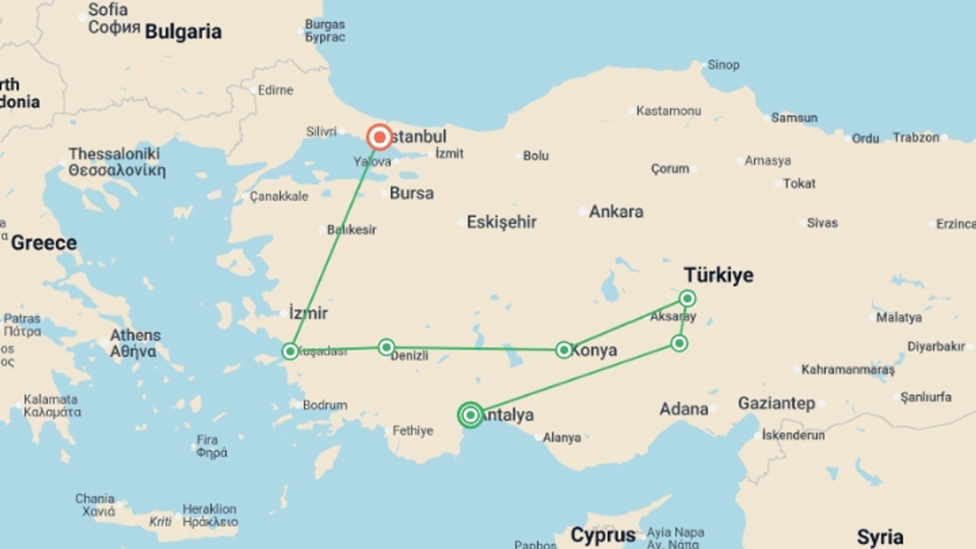 A map showing the tour itinerary for the trip: Turkish Wonders From Antalya to Istanbul - 10 days, starting in Antalya, Turkey and ending in Istanbul, Turkey going through 5 other destinations.