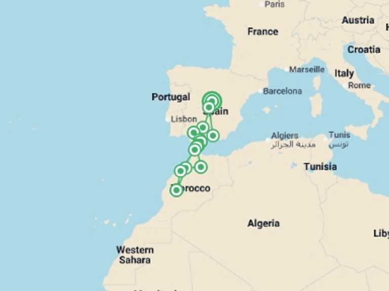 Map of Mediterranean Tour with 7 destination visits for the trip: Andalucia & Morocco Uncovered - 15 days