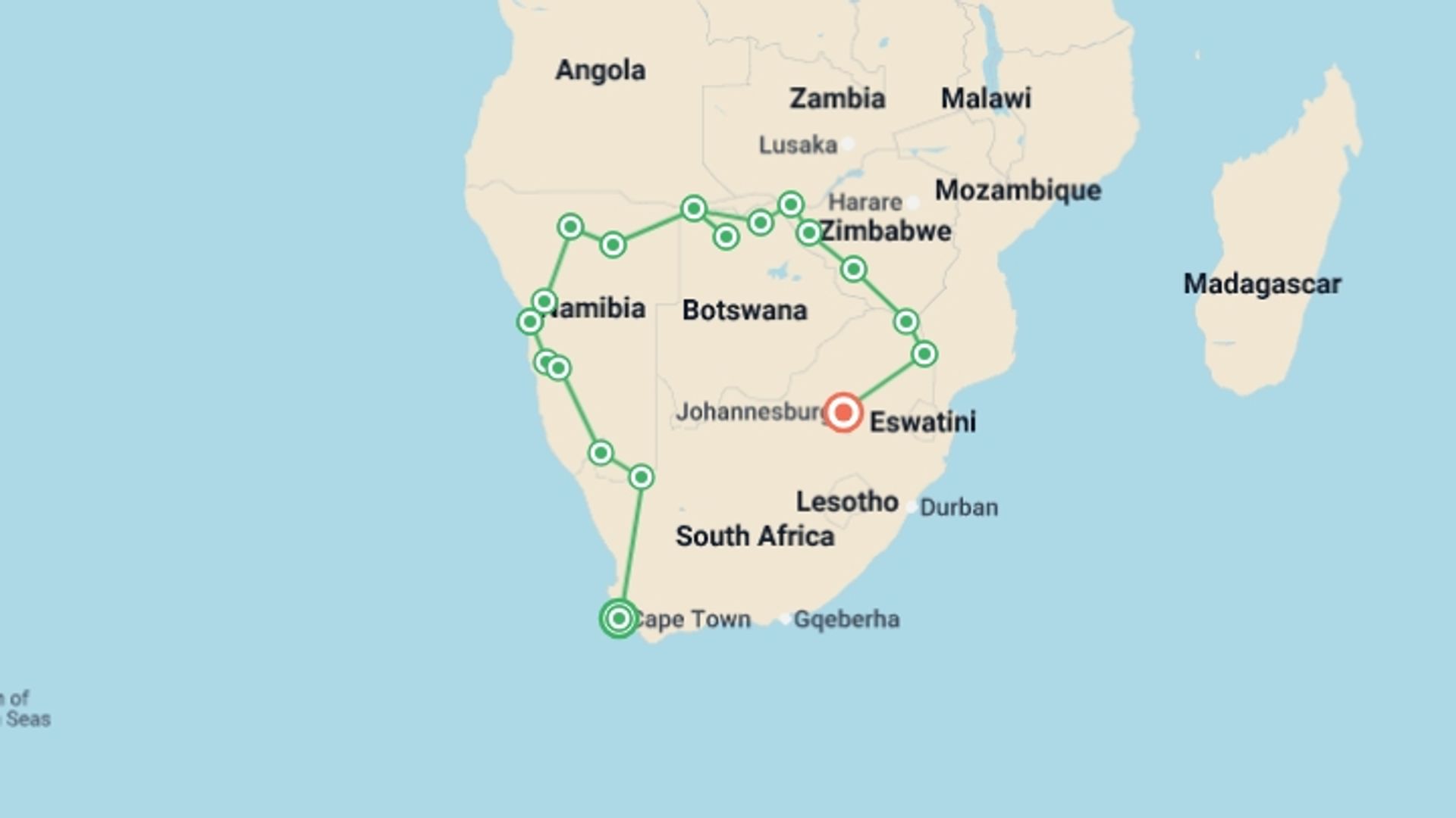 A map showing the tour itinerary for the trip: Southern Africa Adventure, starting in Cape Town, South Africa and ending in Johannesburg, South Africa going through 16 other destinations.