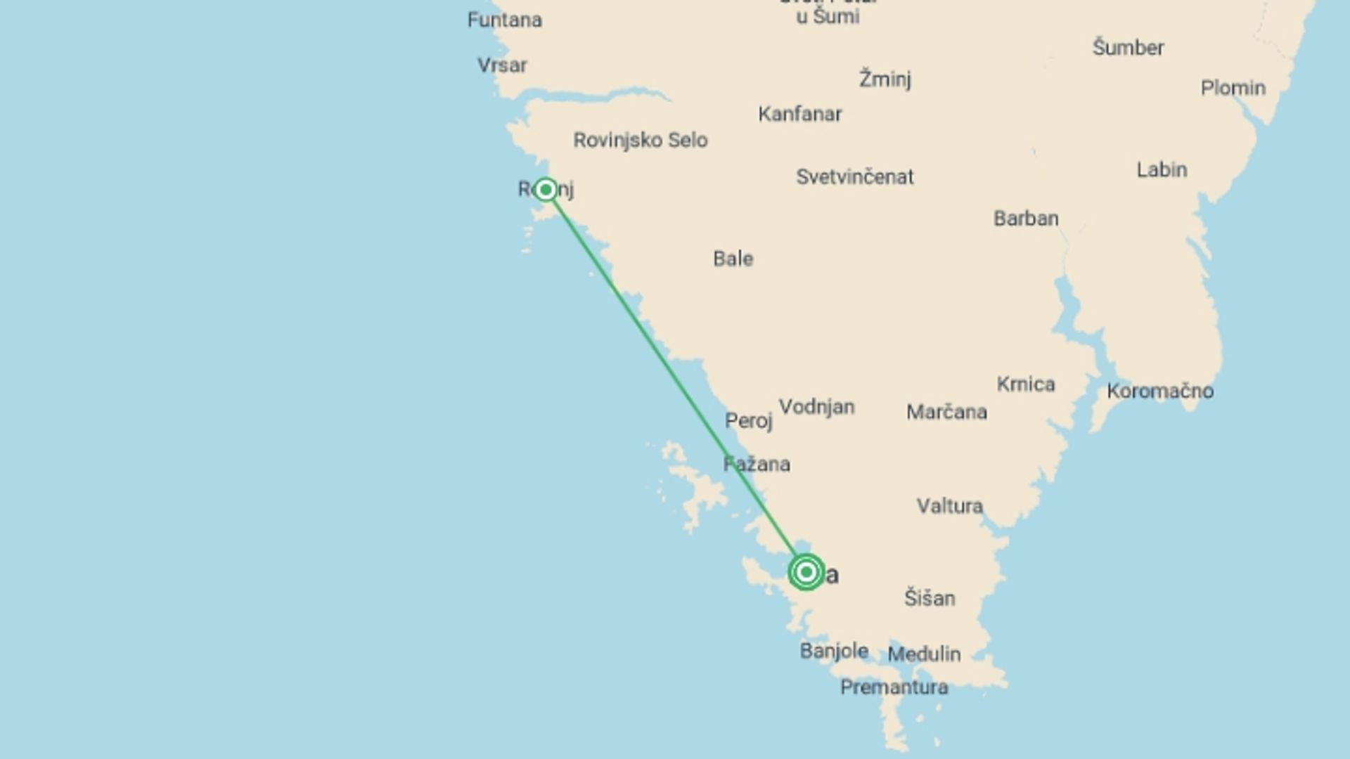 A map showing the tour itinerary for the trip: Pula City Break, Private Tour, starting in Pula, Croatia and ending in Pula, Croatia going through 0 other destinations.