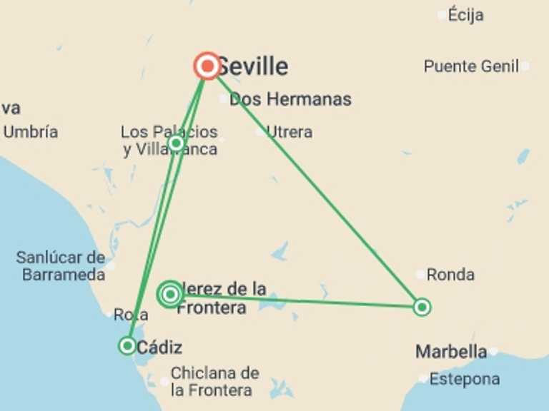 Map of 8-Day Spain Tour with 6 destination visits for the trip: The Jamón Ibérico Route and the Pueblos Blancos - Amazing Andalusia: Enchanting Traditional Architecture and Fabulous Cuisine (port-to-port cruise)