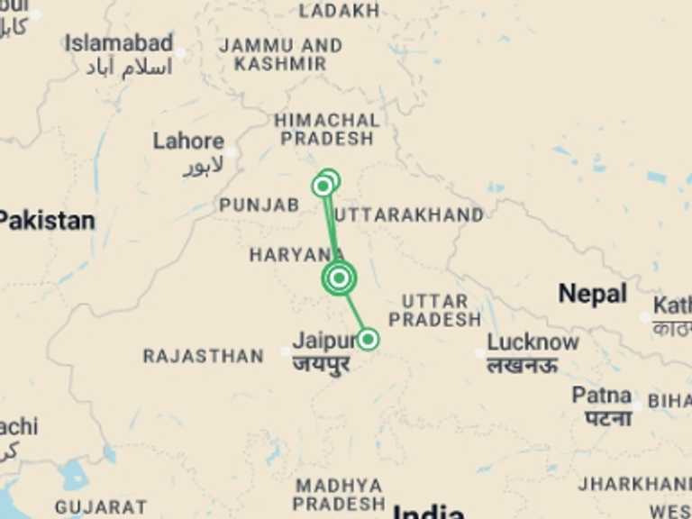 Map of South Asia Tour with 3 destination visits for the trip: Wellness Retreat India Luxury Tour Packages