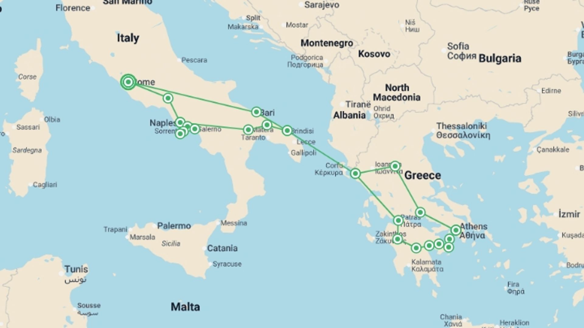 A map showing the tour itinerary for the trip: Rome, Complete Greece, Heart of Italy and Sorrento, starting in Rome, Italy and ending in Rome, Italy going through 10 other destinations.