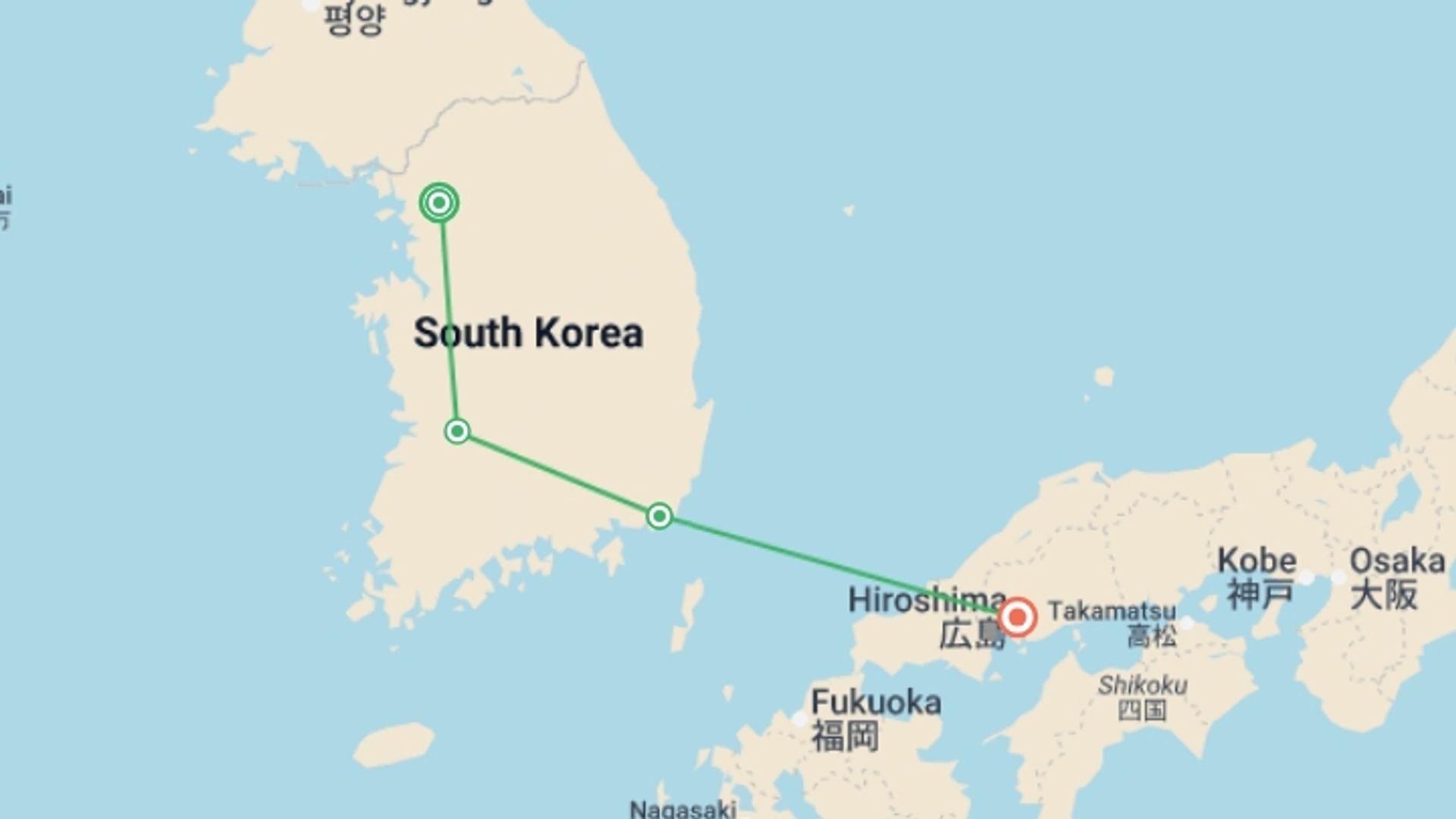 A map showing the tour itinerary for the trip: From Seoul to Hiroshima, starting in Seoul, South Korea and ending in Hiroshima, Japan going through 2 other destinations.