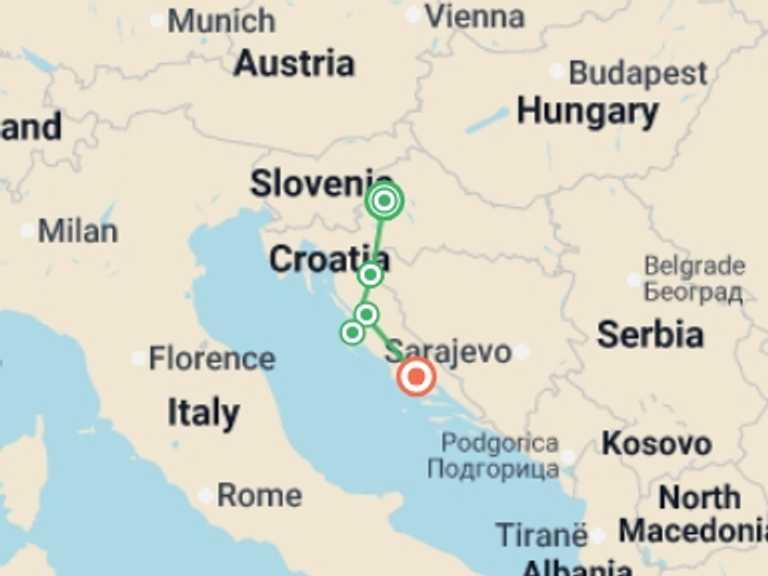 Map itinerary of Europe Tour in June 2026 with 5 destination visits for the trip: Walks and Coastal Towns of Croatia