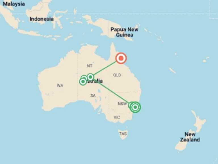 Map itinerary of Oceania Tour in Winter with 8 destination visits for the trip: Best of Australia