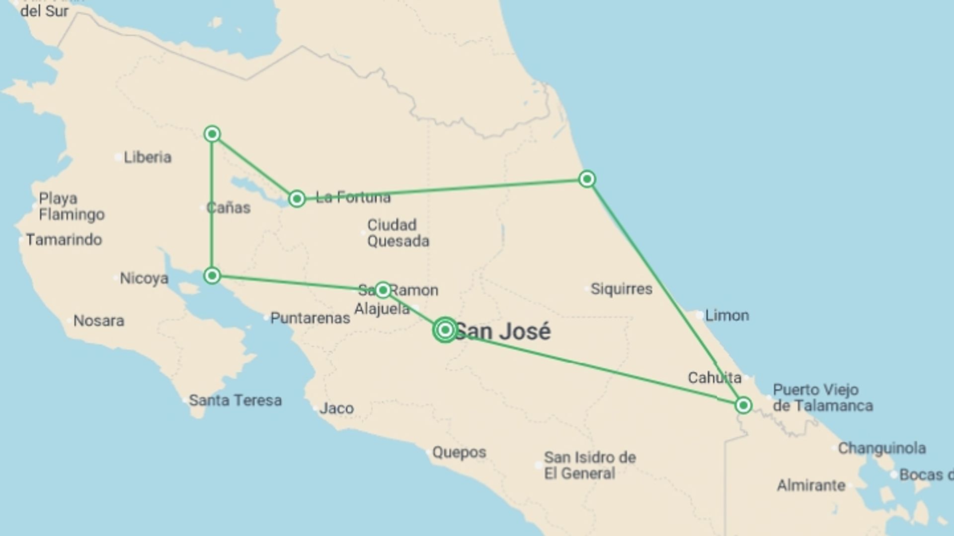 A map showing the tour itinerary for the trip: Volcanoes And Cultural Treasures, French-speaking Guide, starting in San Jose, Costa Rica and ending in San Jose, Costa Rica going through 5 other destinations.