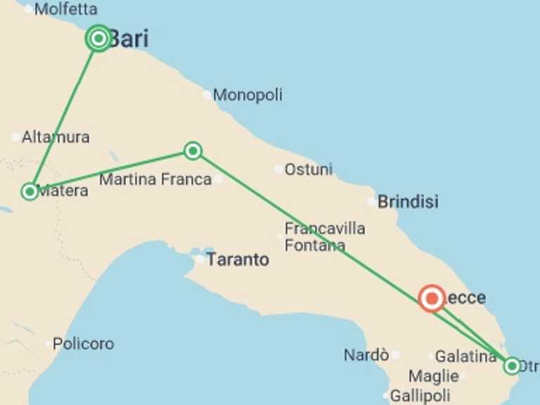 Map itinerary of Italy Tour in June 2026 with 5 destination visits for the trip: Highlights of Puglia