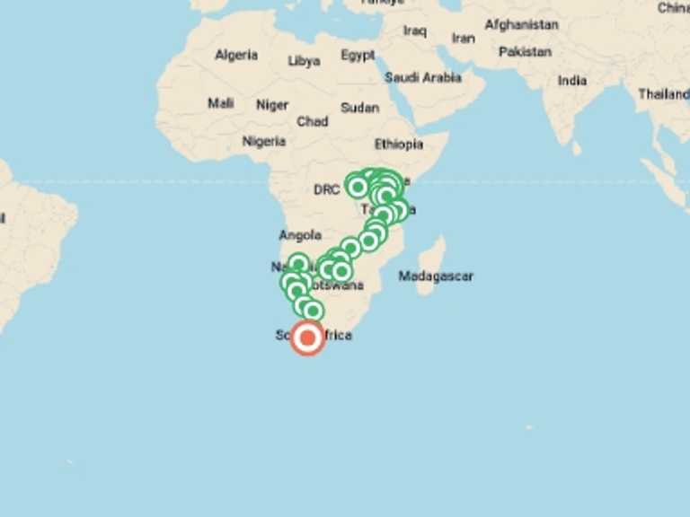 Map of Windhoek Wildlife Tour with 36 destination visits for the trip: 58-day Gorillas to Cape Town Accommodated